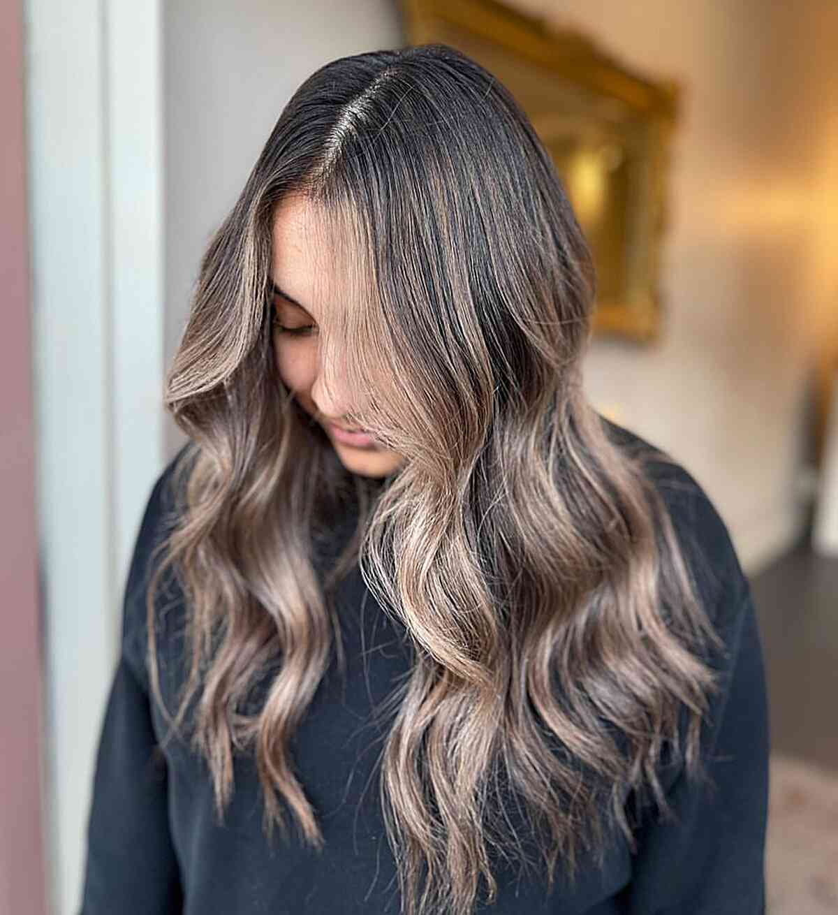 Middle-Parted Long Hair with Mushroom Brown Balayage Face-Framing Highlights