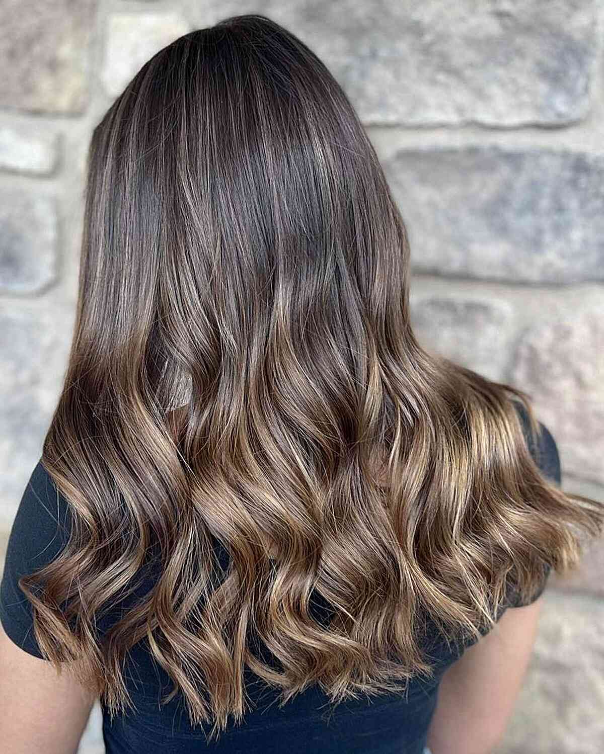 Mid Back-Length Mushroom Brown Balayage Hair with Caramel Drizzle