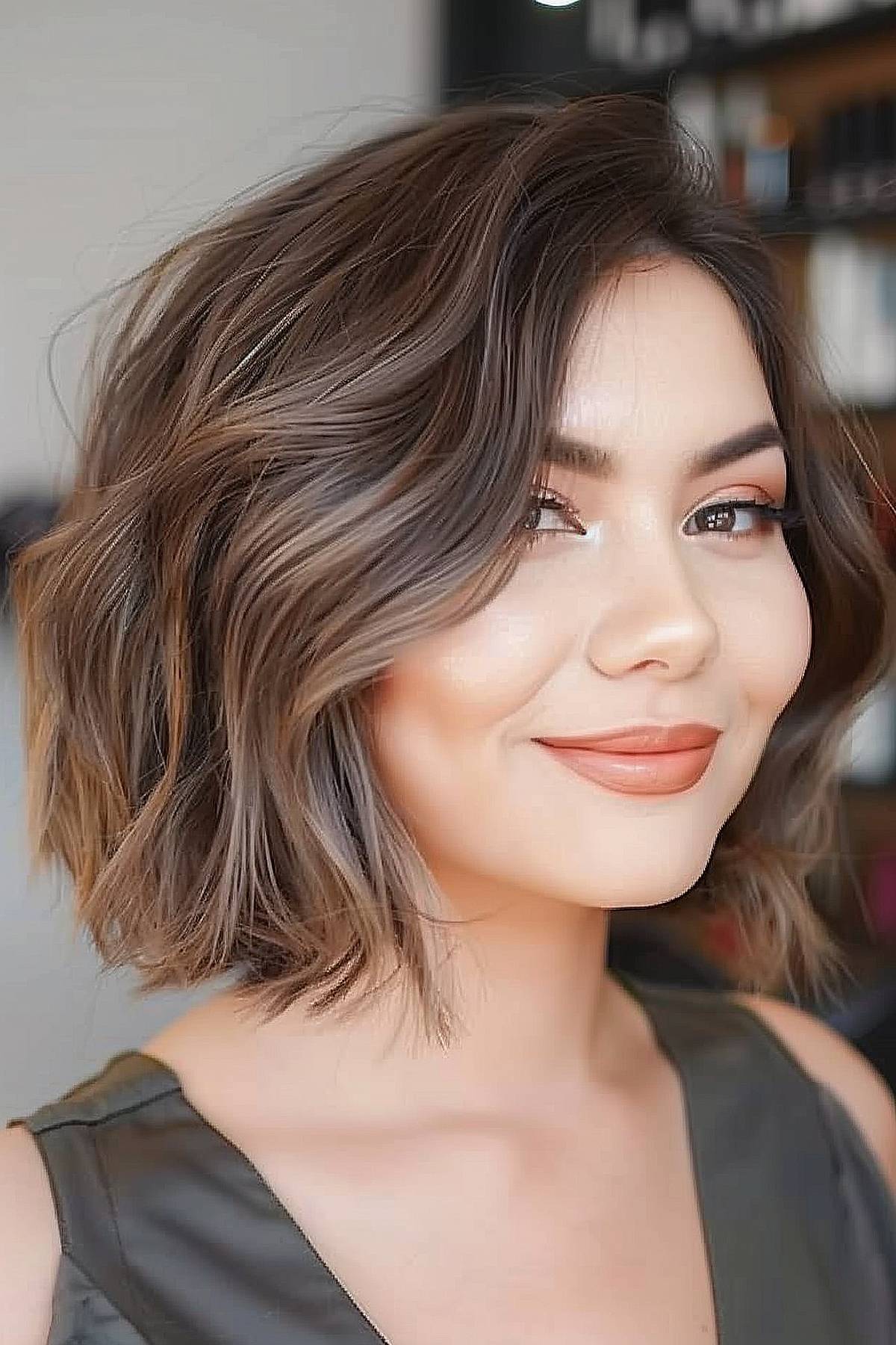 Chic mushroom brown bob cut with subtle layers adding volume and style, perfectly framing the face and enhancing natural beauty.