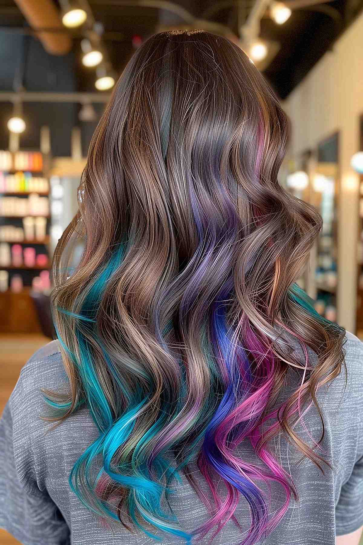 Long, wavy mushroom brown hair with hidden colorful peekaboo highlights in blue, purple, and pink, adding a playful contrast and vibrancy.