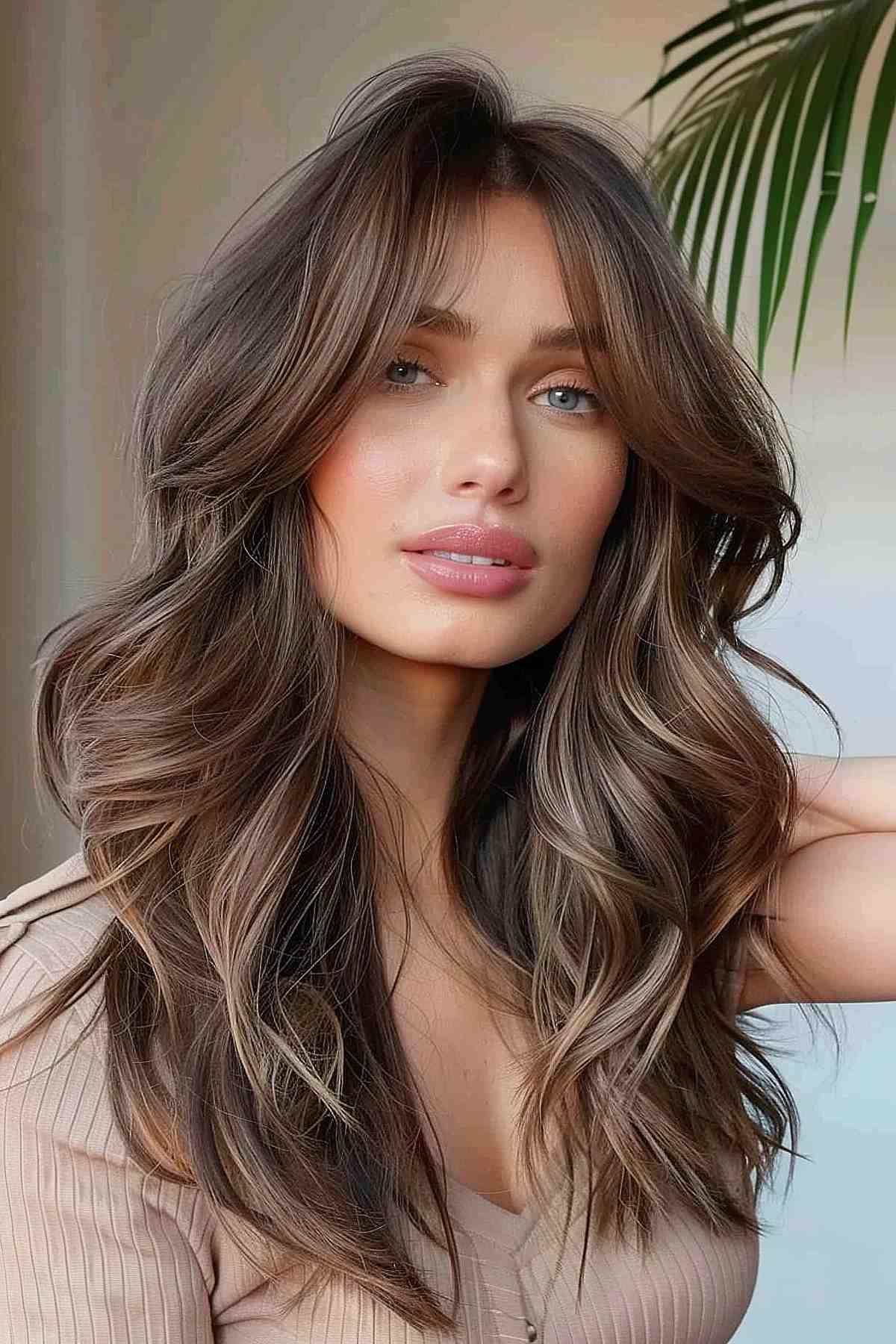 A woman with stylish mushroom brown hair featuring curtain bangs and soft waves, enhancing her facial features and adding a modern twist to her look.