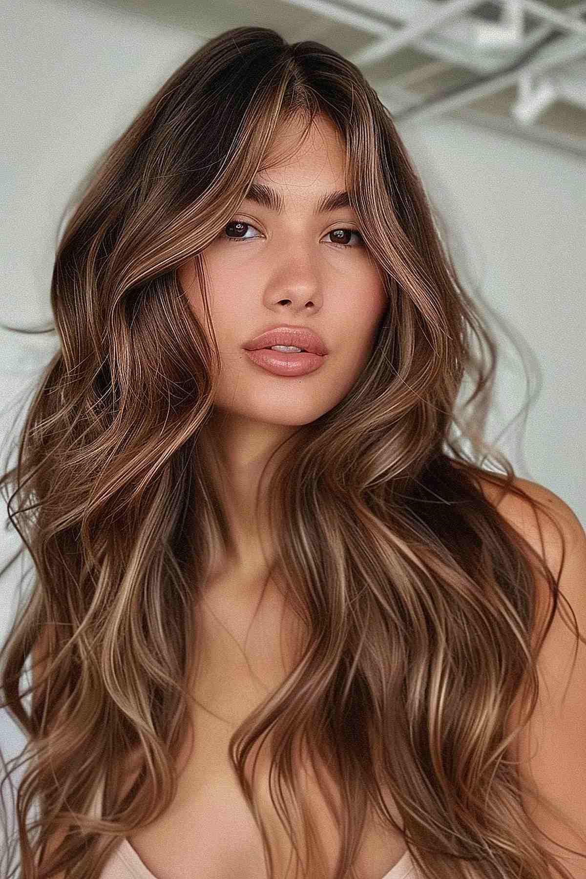 Long, wavy mushroom brown hair featuring a lighter "money piece" highlight around the face, enhancing the overall style with a modern twist.
