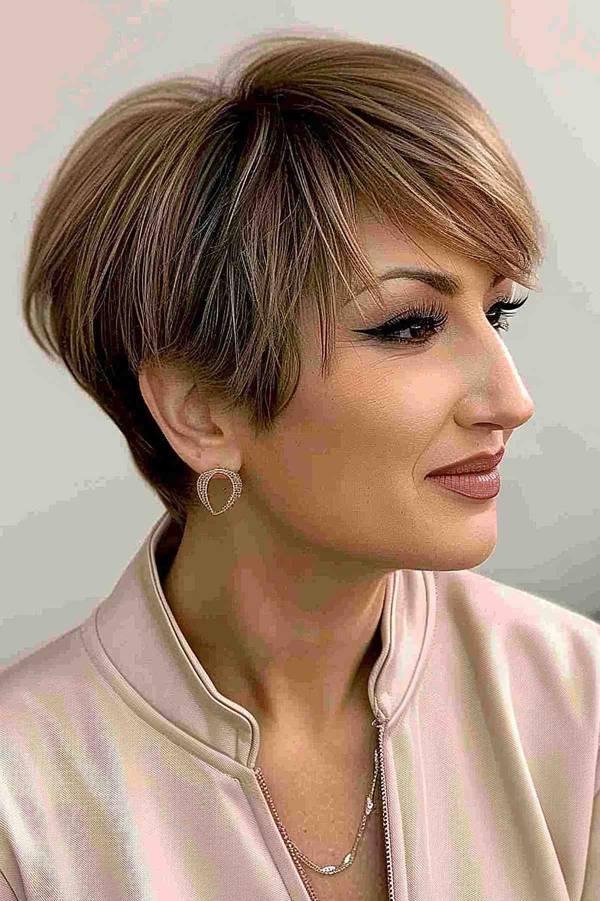 Elegant woman with a stylish mushroom brown pixie cut, featuring precision styling and subtle highlights for added depth.