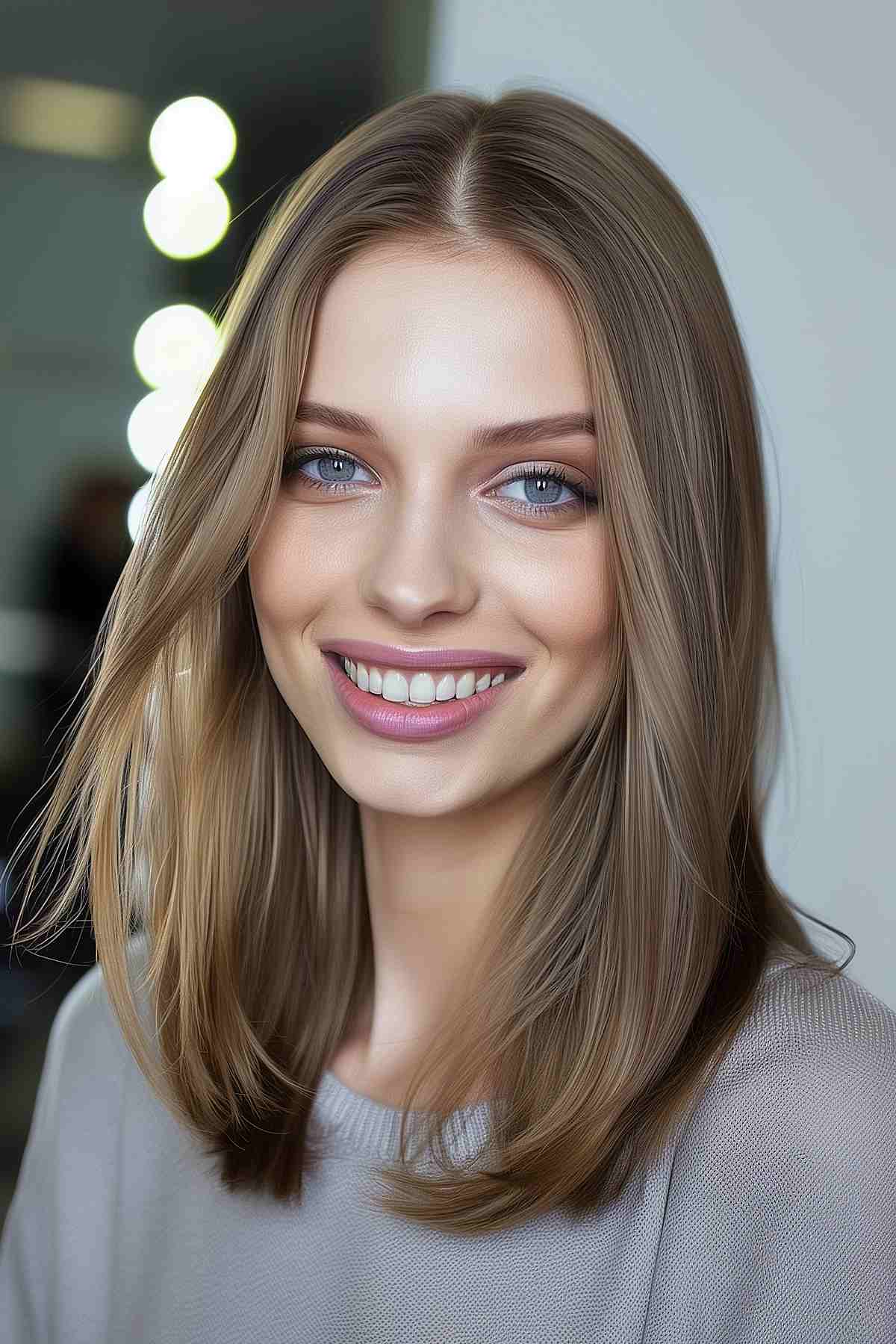 Shoulder-length mushroom brown hair with subtle layers, ideal for light skin tones, styled straight to enhance natural shine and texture.