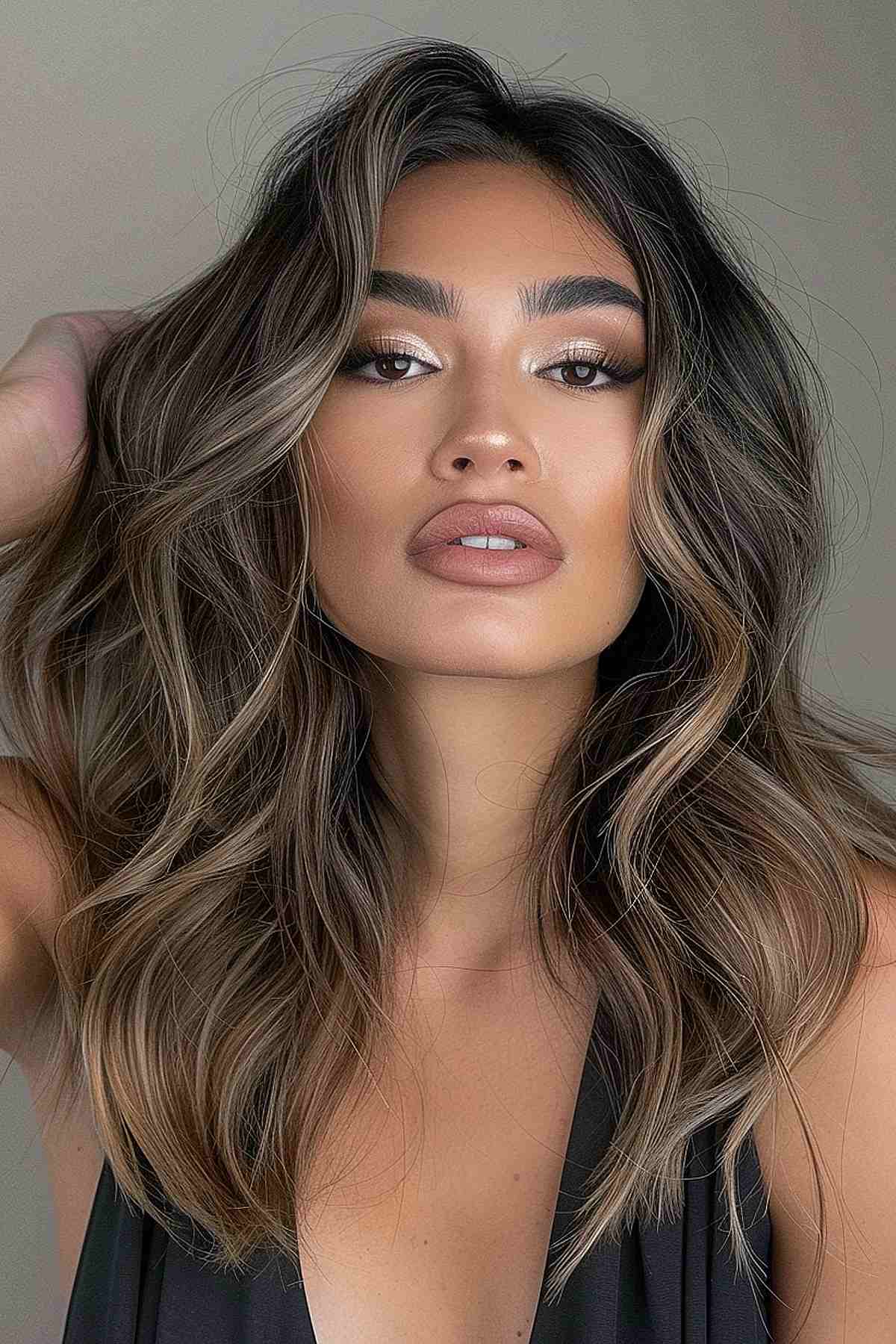 Medium-length mushroom brown hair styled in soft waves, perfectly complementing tan skin with its warm, dimensional tones.