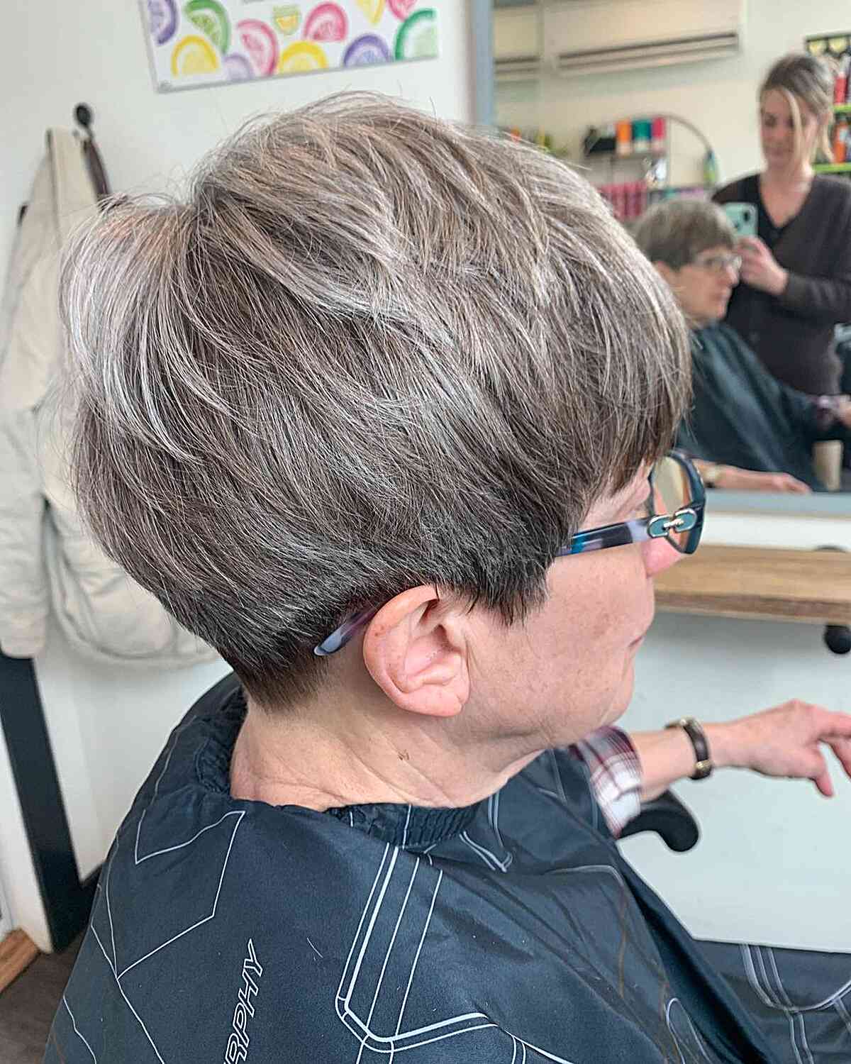 Short Mushroom Pixie Bob with Crown Layers for Ladies Aged 60 Wearing Specs