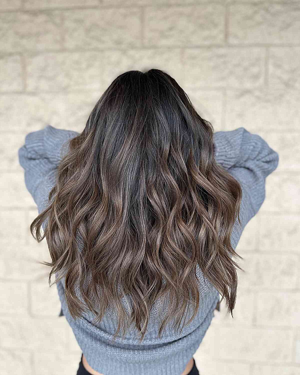 Muted Ash Brunette Balayage Hair with Long Chunky Waves