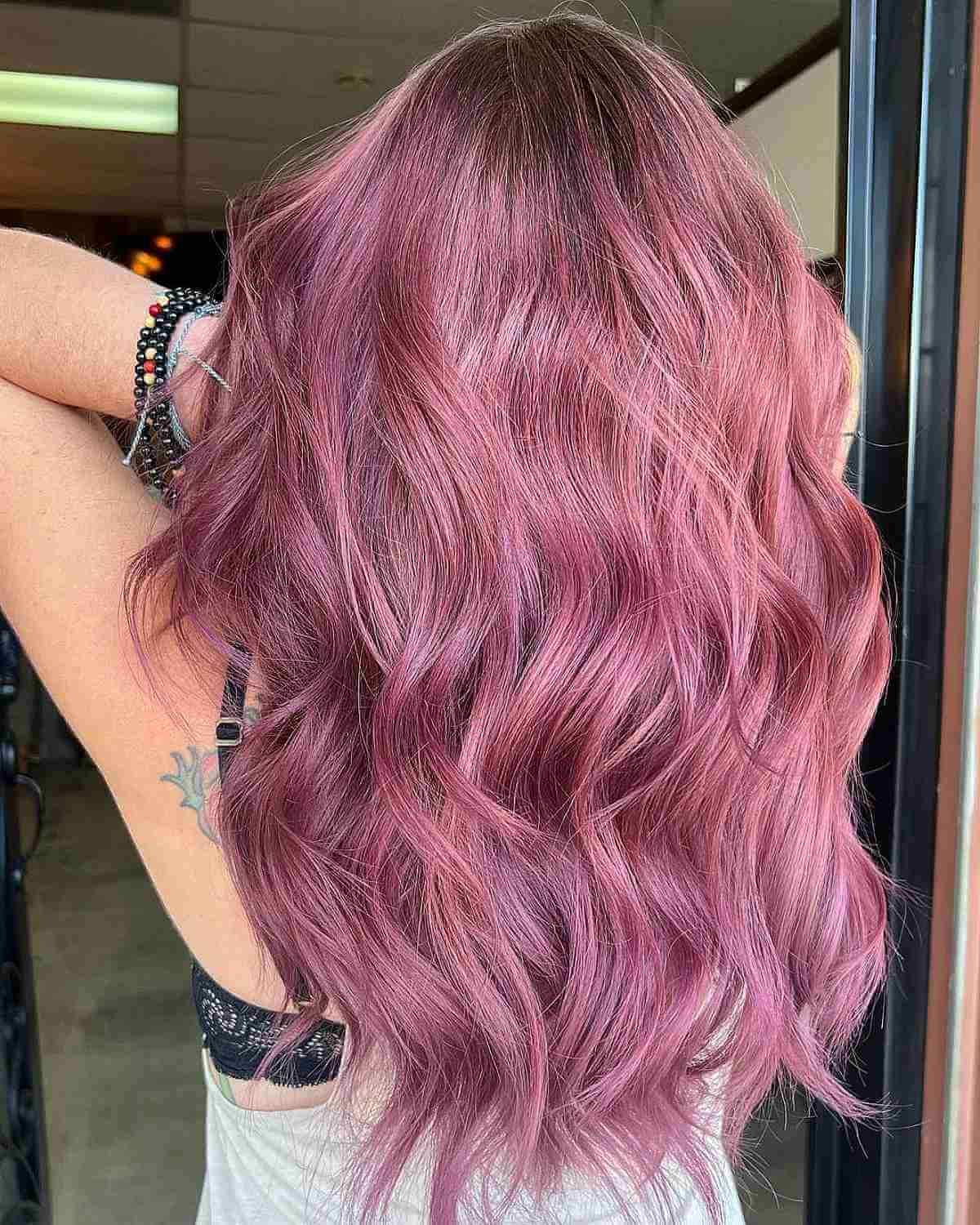 Muted Long Pink Hair with Dark Roots