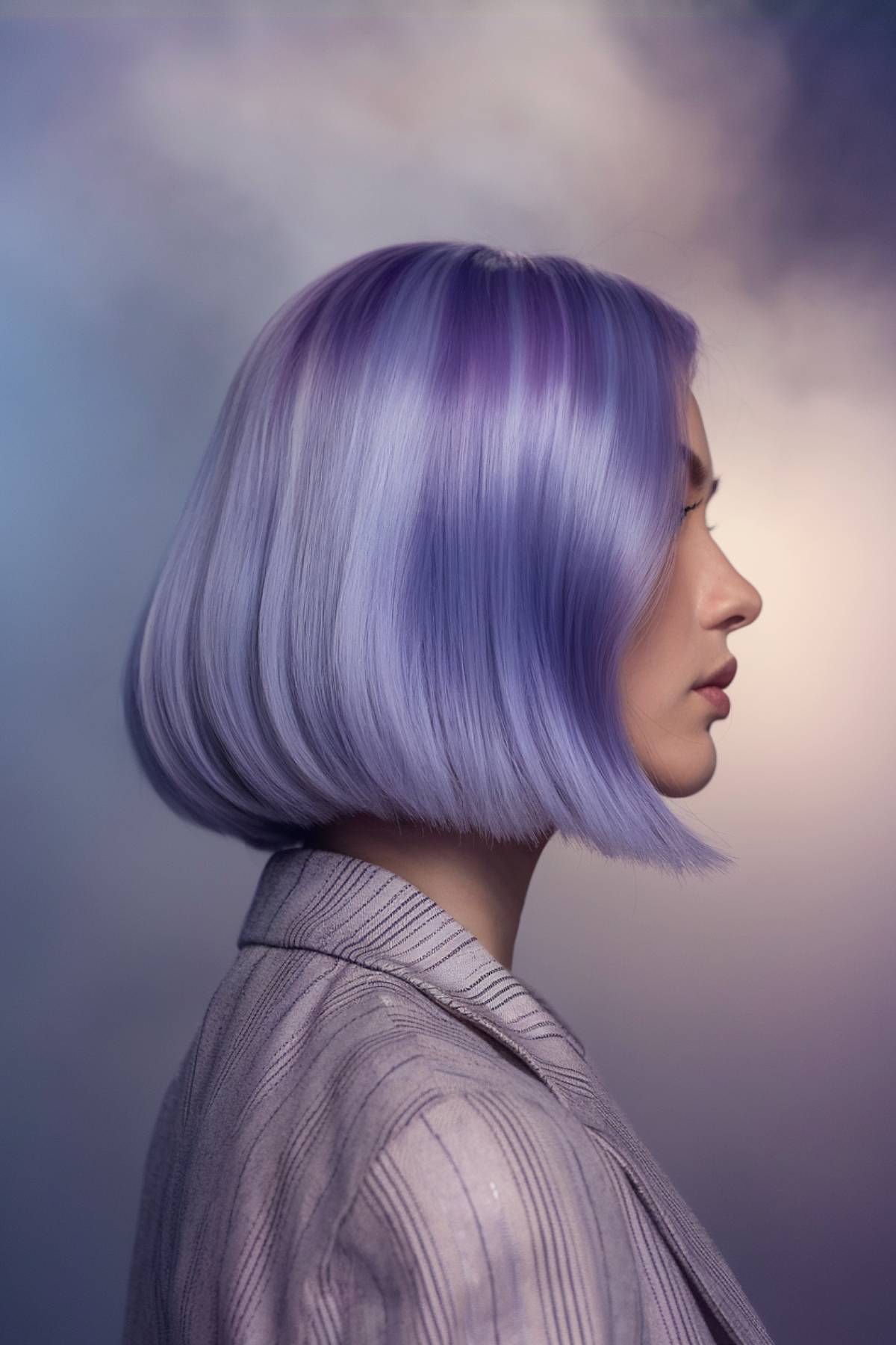 Mystic quartz bob featuring a smoky lavender-to-silver blend with an ethereal, high-shine finish