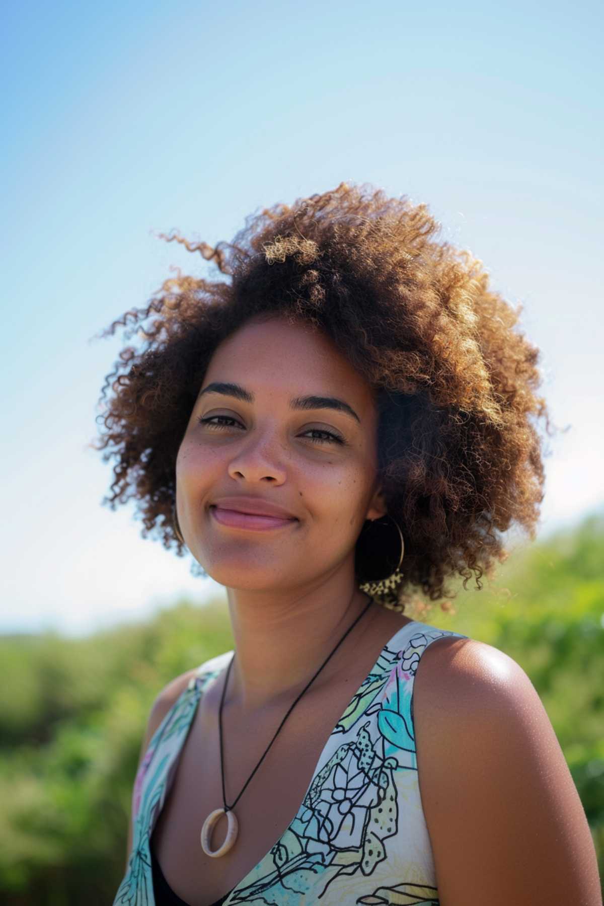 Woman with a natural afro hairstyle for coily hair in hot weather