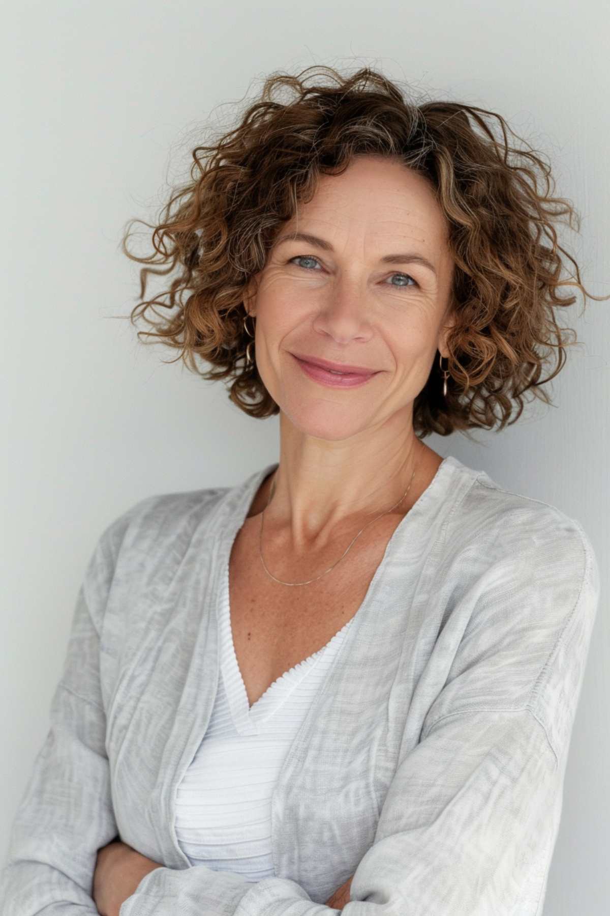 Woman with a natural curly bob haircut, chin-length, thick curly hair