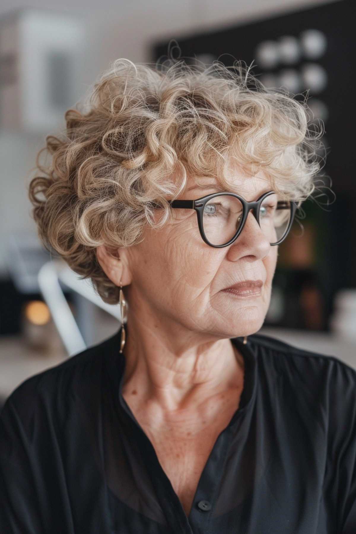 Natural curly pixie cut for older women with glasses.