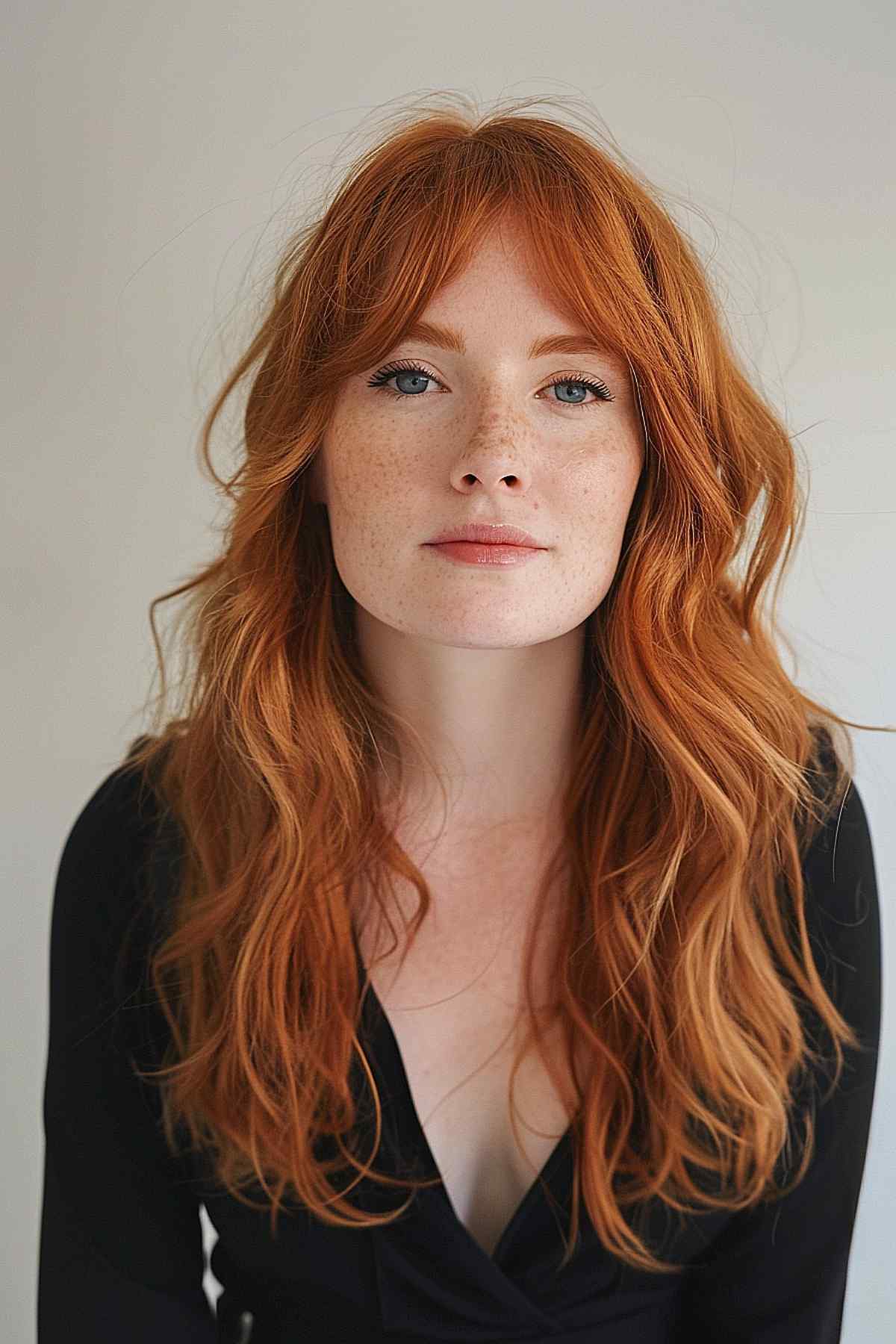 Long, natural ginger hair with curtain bangs and soft waves on a fair-skinned woman with freckles.