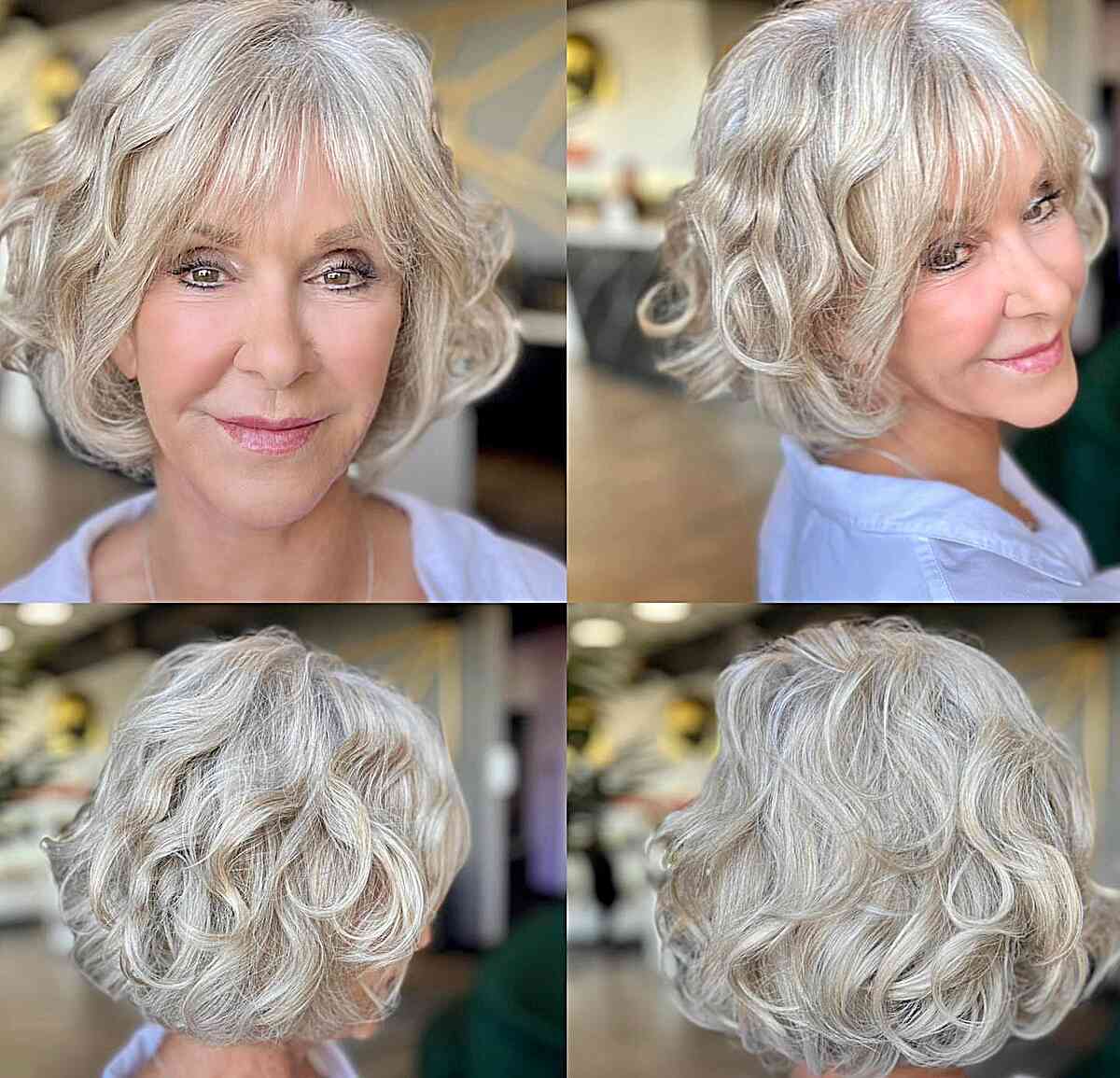 Natural Grey Curls with Bangs for Women Aged 50 with short hair
