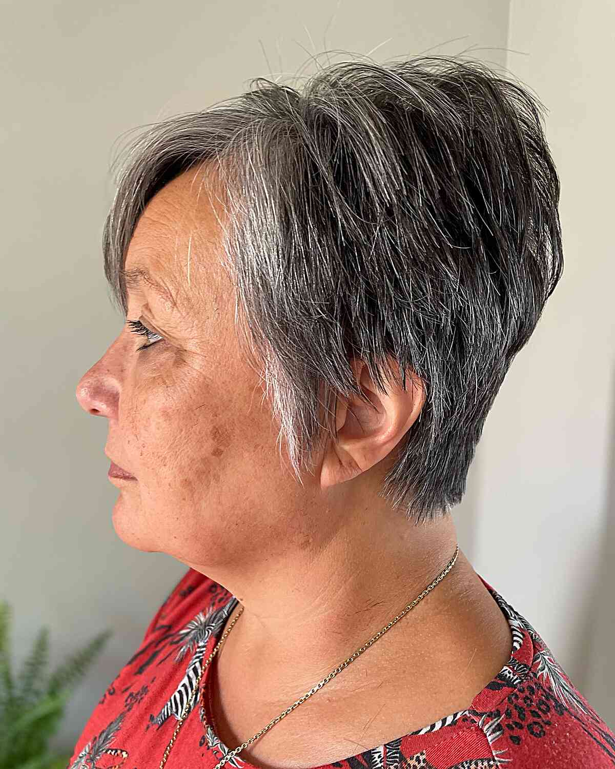 Natural Grey Long Pixie Cut with Stacked Layers for Seniors Aged Seventy