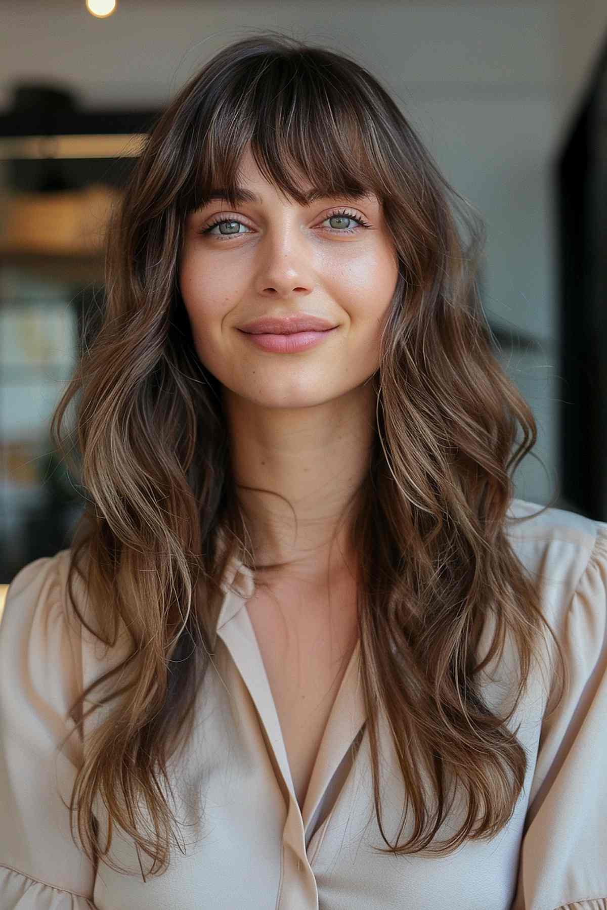 Woman with medium-length hair styled in loose waves with wispy bangs, achieved through a natural-looking digital perm