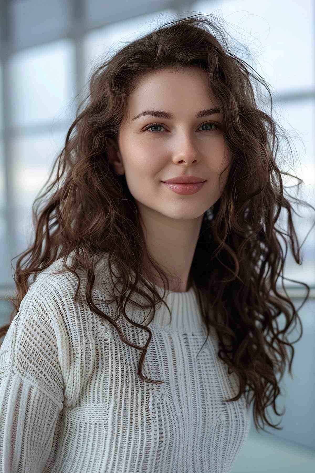 Woman with natural loose curls hairstyle at the airport