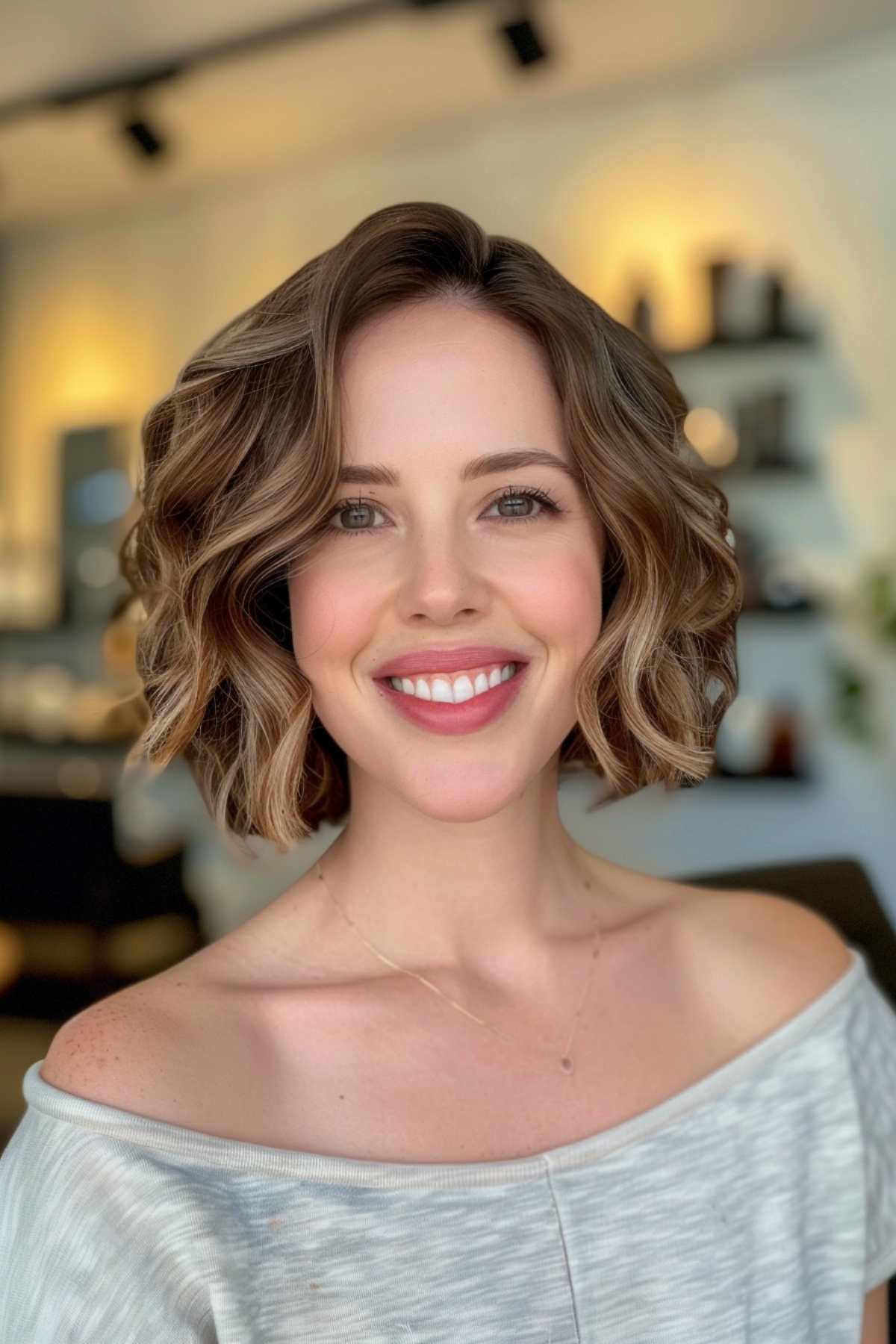 Neck-length textured bob with natural-looking loose curls and side part