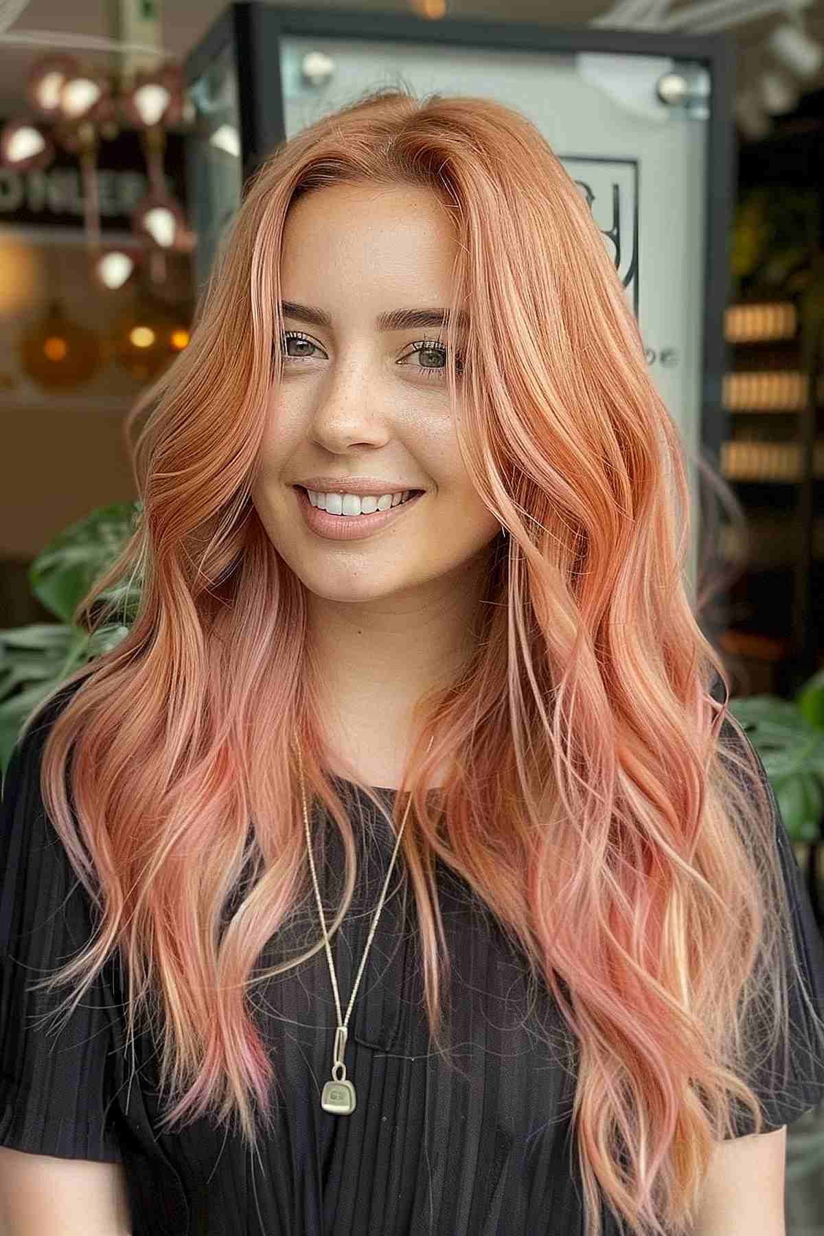 Long, wavy hair styled with a natural peach glow, offering a vibrant yet subtle elegance, ideal for medium skin tones.