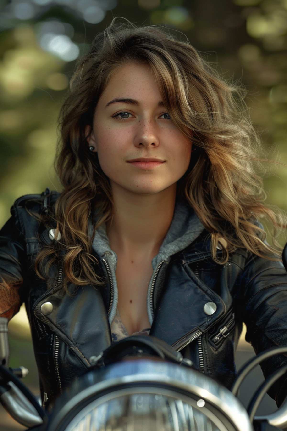 Woman with natural wavy hair in a biker jacket