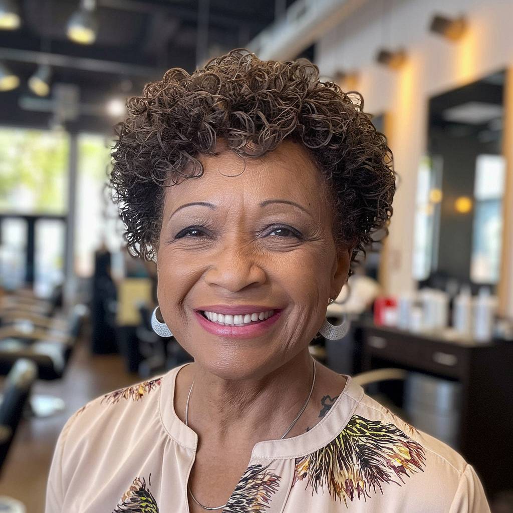 Tight curly pixie cut for older ladies seeking a low-maintenance style