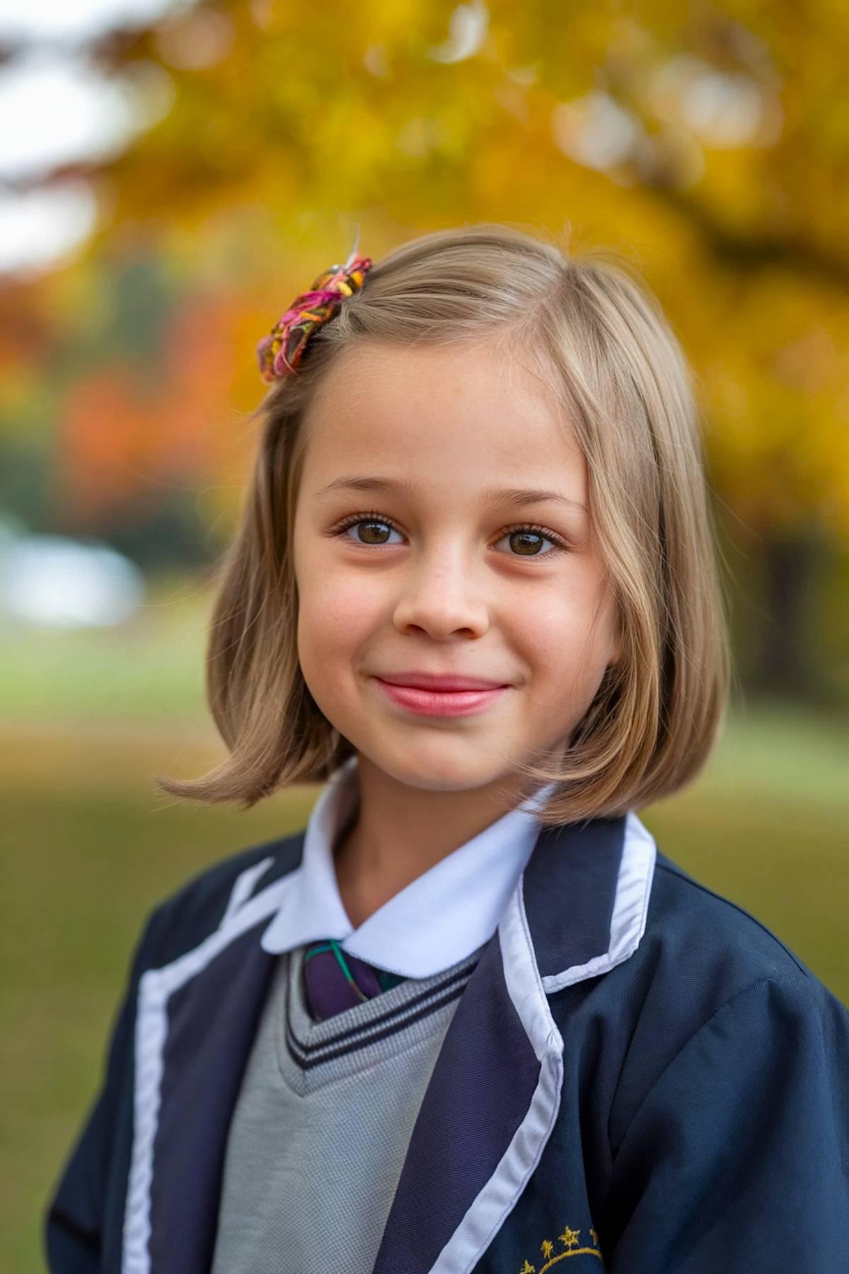 Simple chin-length bob haircut with a colorful side clip for back-to-school girls