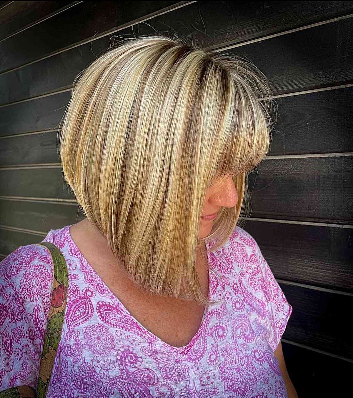 Neck-Length A-Line Blonde Hair with Dark Roots and Bangs for Older Ladies Aged 50