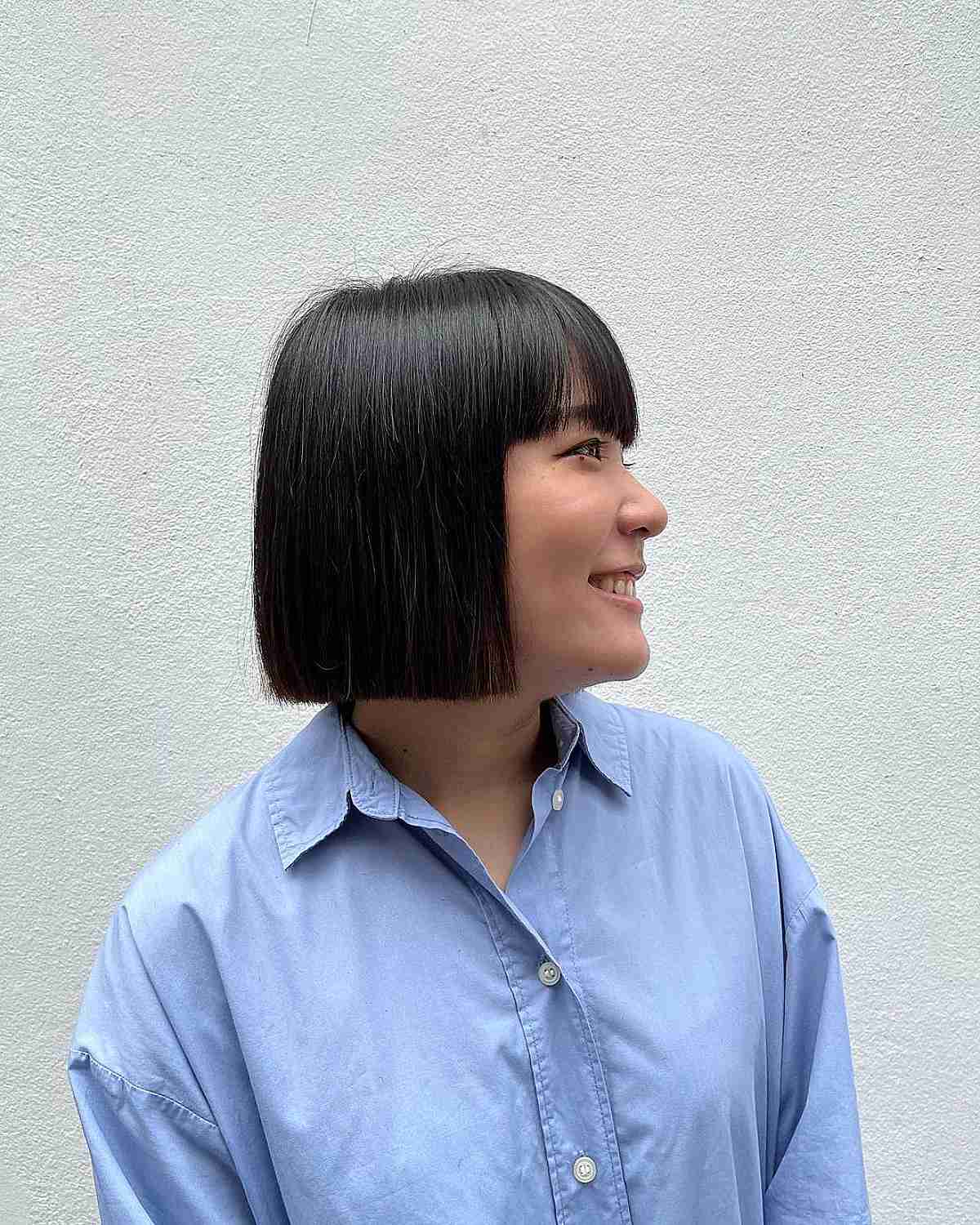Neck-Length Black Bobbed Blunt Hair with Bangs
