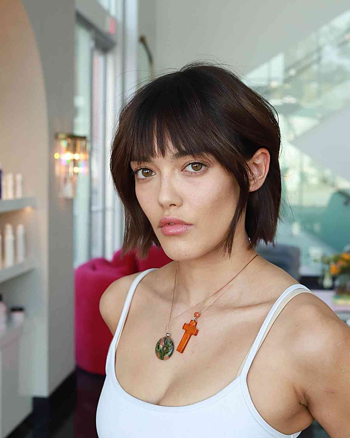 Neck-Length Blunt Bob with Blunt Choppy Bangs for fine hair
