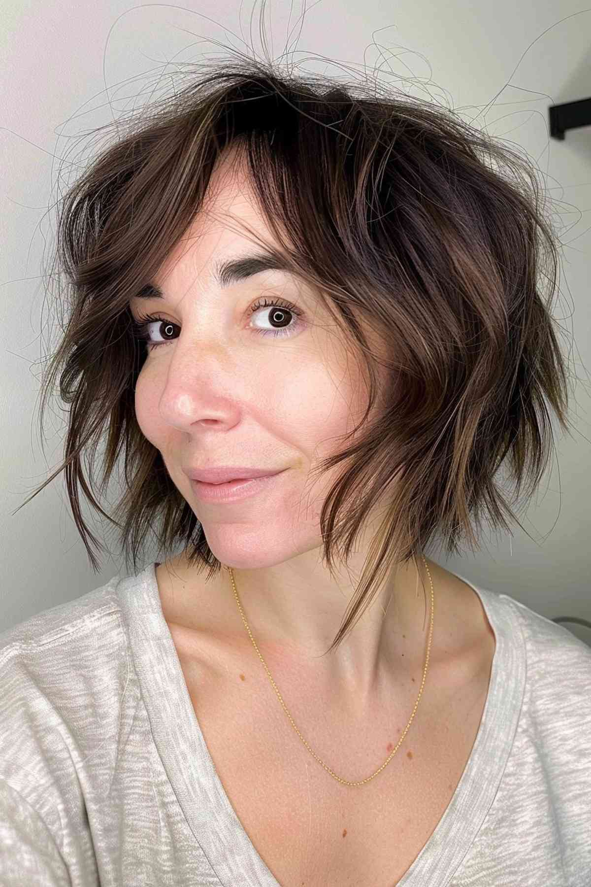 Neck-Length Bob with Layers and Messy Waves for fine hair