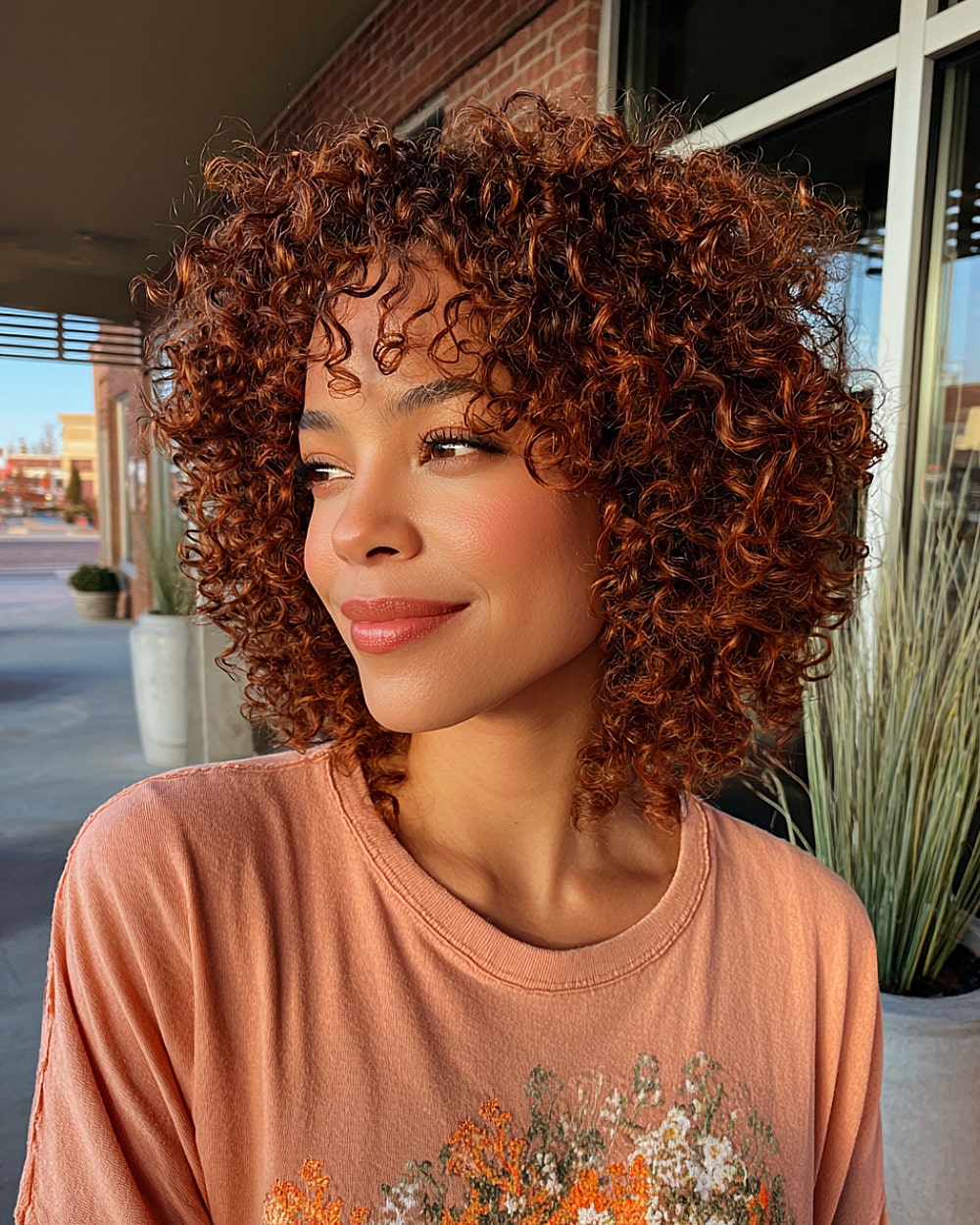 Neck length curly hairstyle with razor cut ends and soft texture