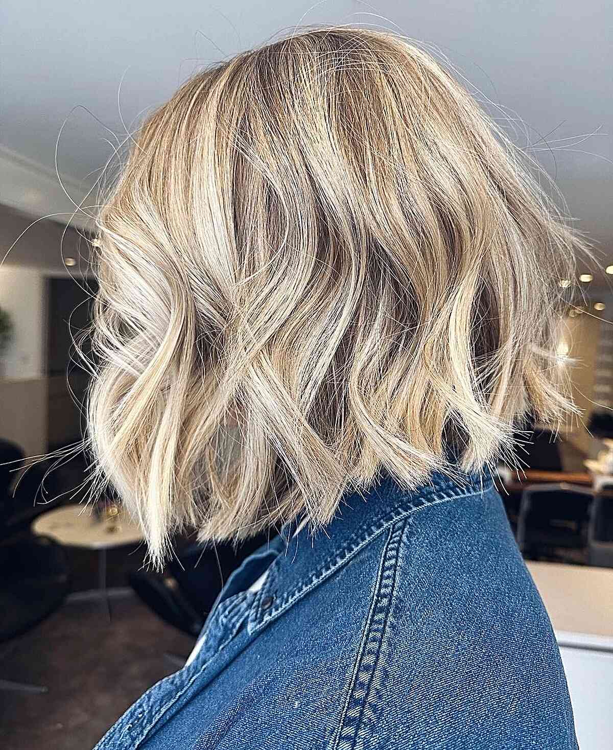 Neck-Length Dimensional Blonde Bob with Thick Waves