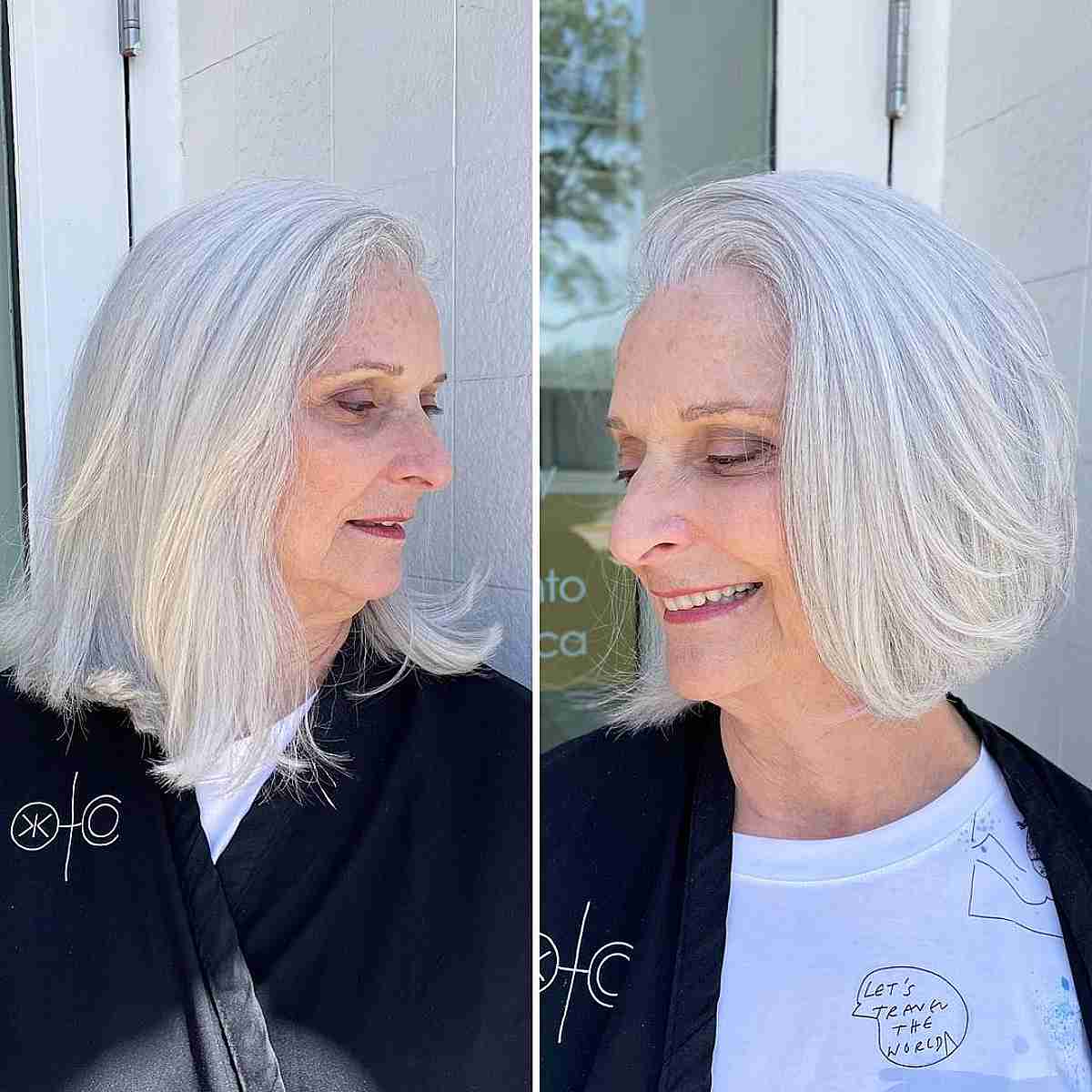 Neck-Length Layered Grey Bob for Women Over 60