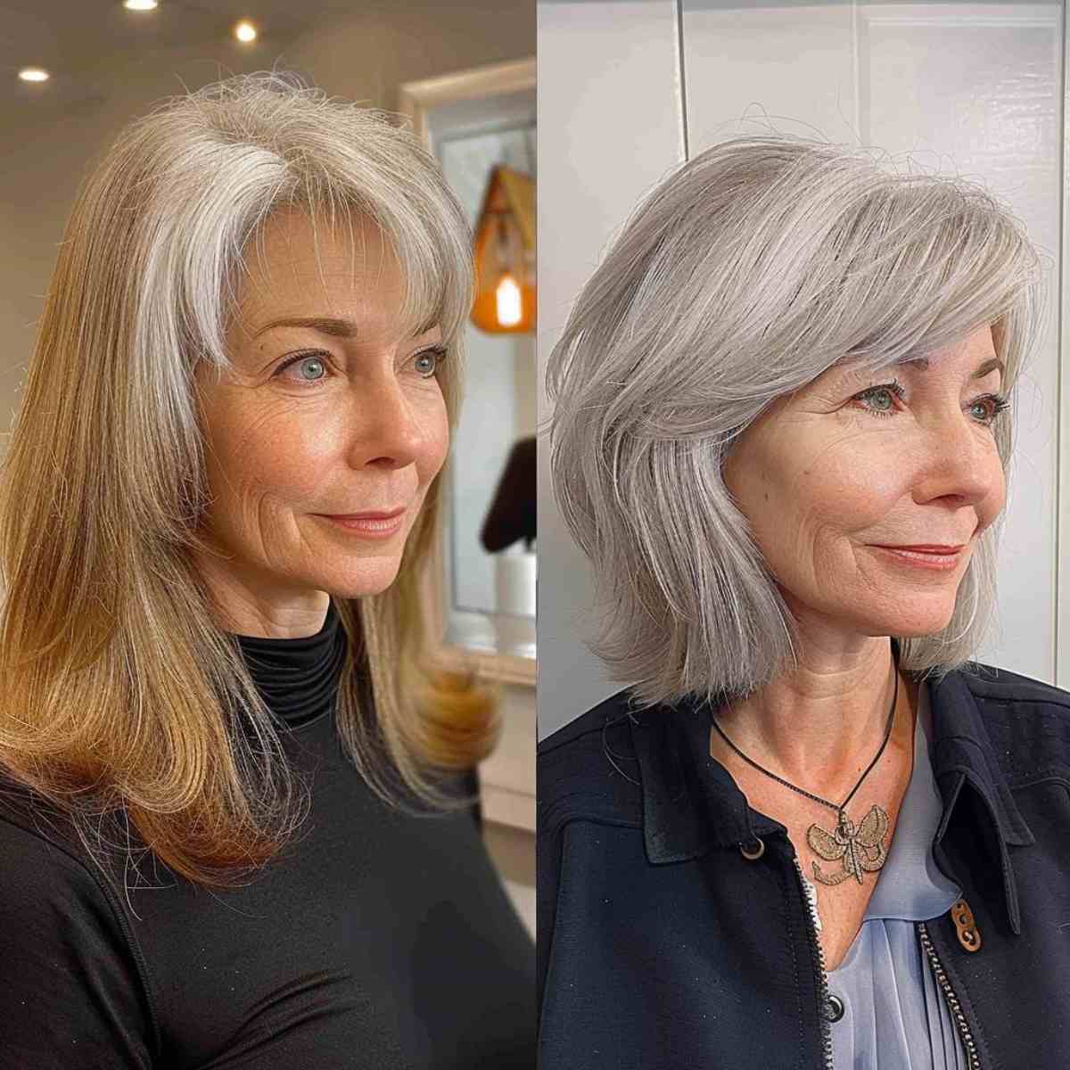 Neck-Length Layers with Long Bangs for 50 Year Old Women