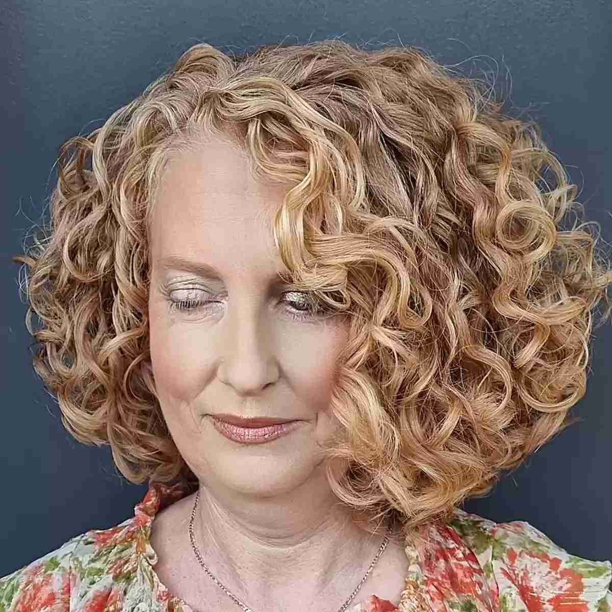 Neck-Length Side Part Fluffy Bob for Curly Thick-Haired Women over 60