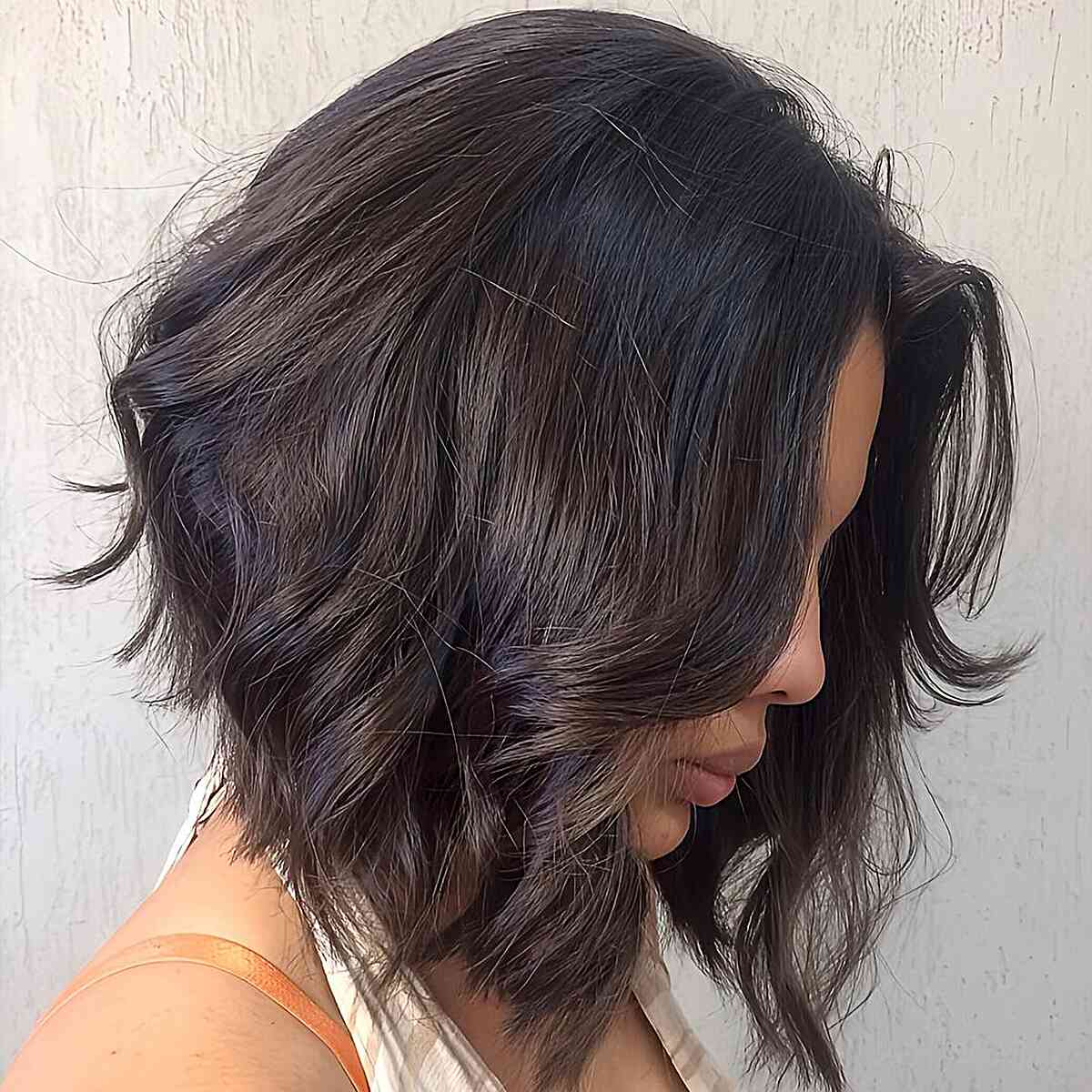 Neck-Length Stacked Angled Long Bob with Jagged Layers