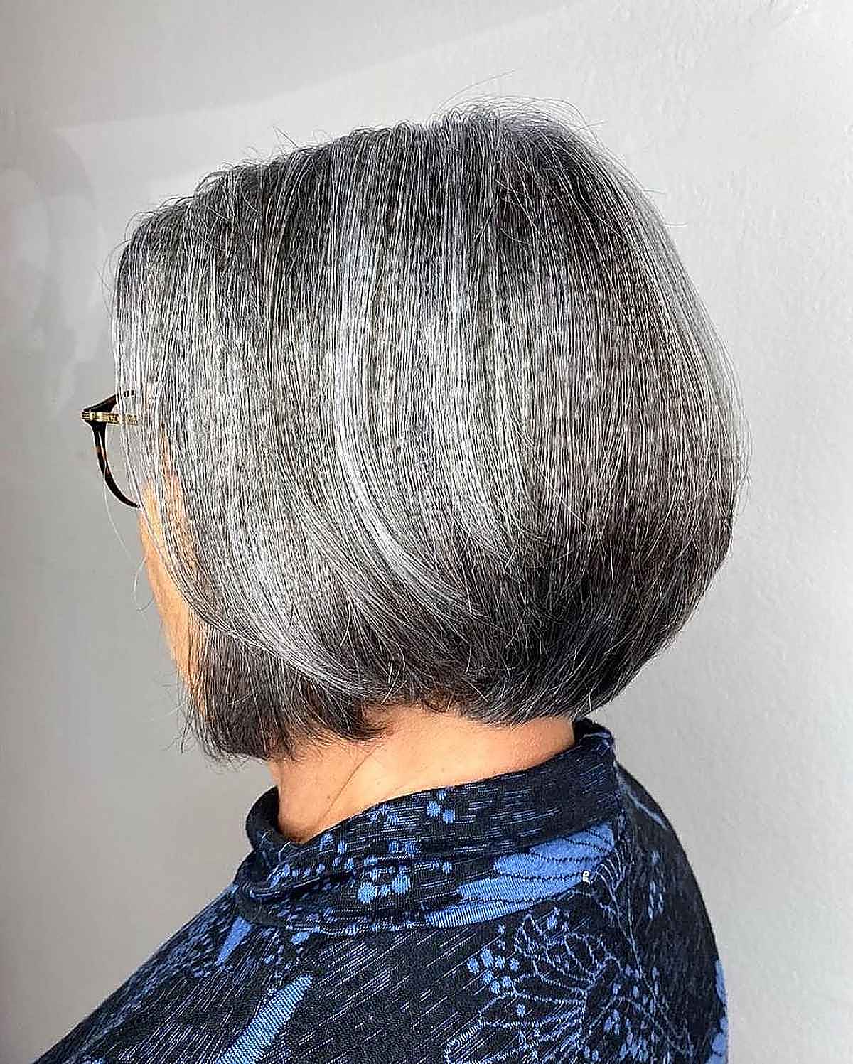 Neck-Length Stacked Bob on women over 60 with Salt-and Pepper Hair