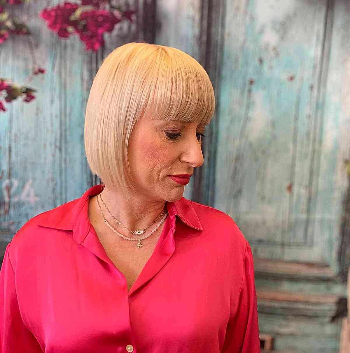 Neck-Length Straight Bob with Bangs for older women with short hair