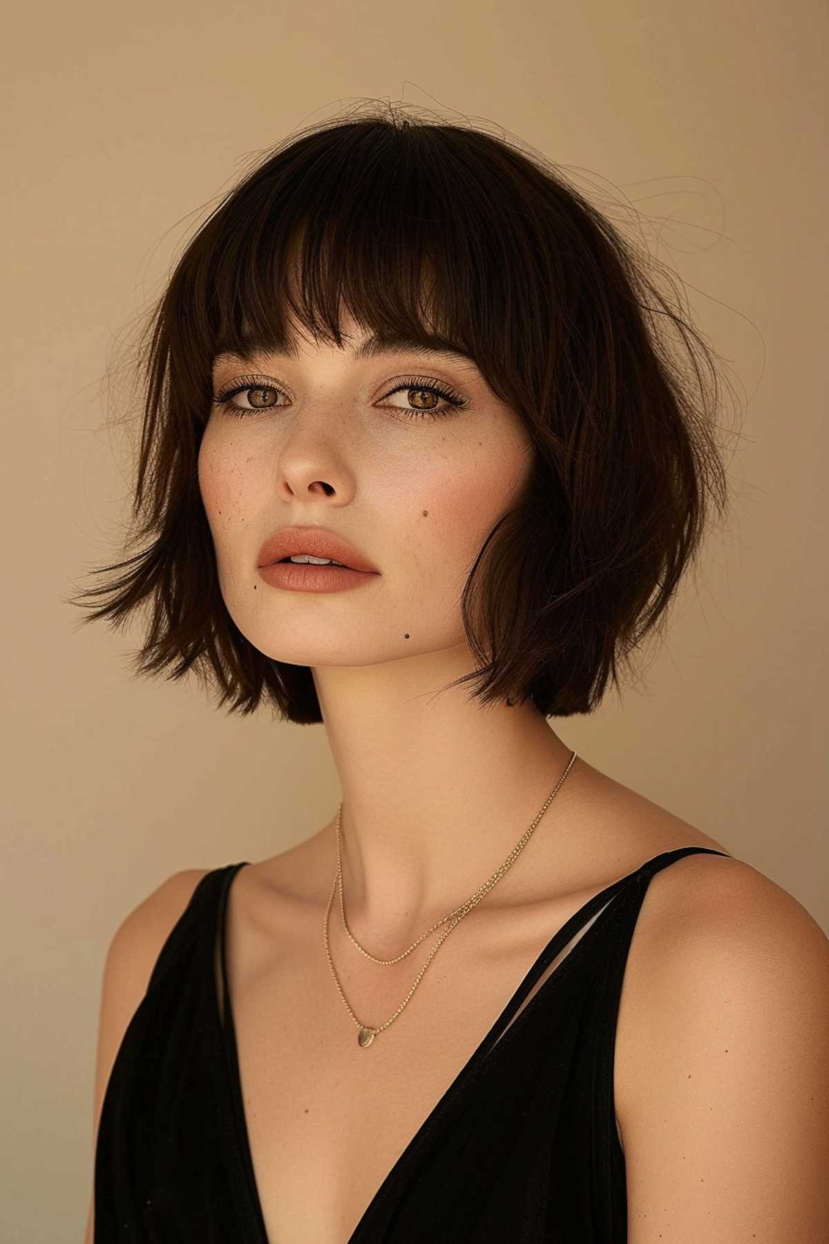 Neck-Length Textured Cut with Fringe for Long Faces