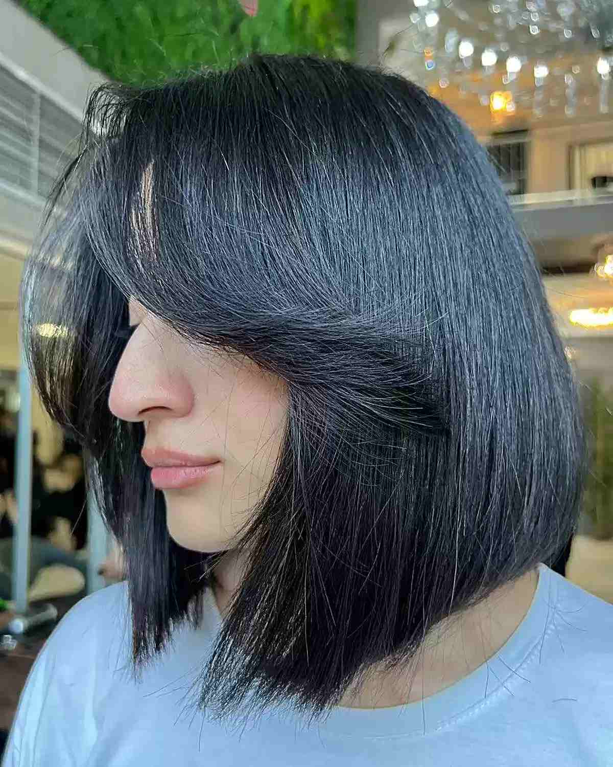 Neck-Length Thick Bob with Swoopy Bangs