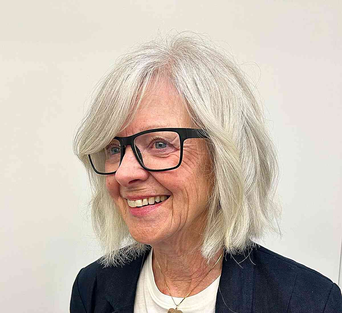 Neck-Length White Bob with Side Bangs for Older Women Over 60 with Glasses