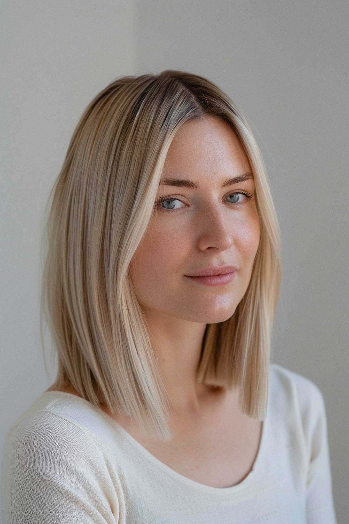 Neocut haircut featuring a sleek blunt cut with icy blonde highlights and a center part