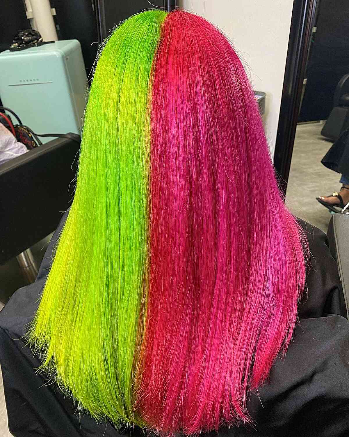Neon Green and Red Watermelon Split Dyed Hair