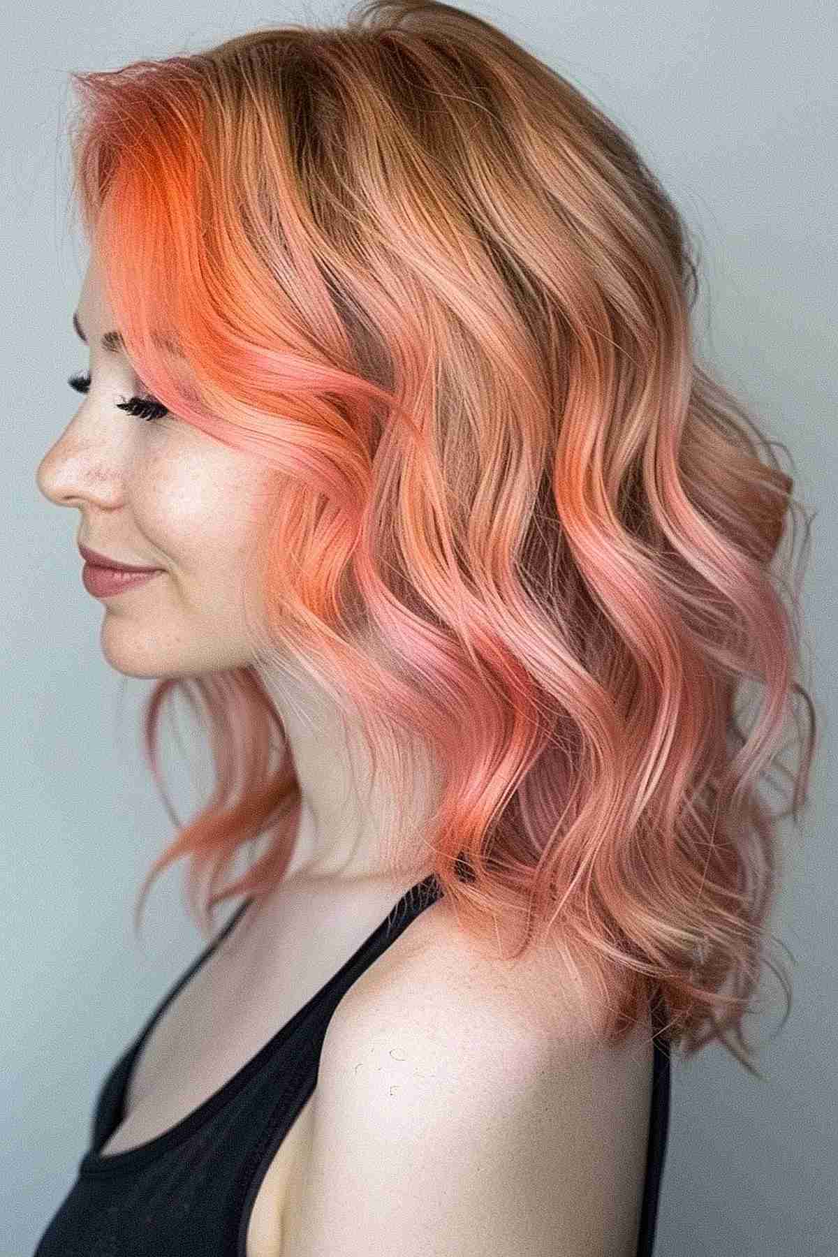 Medium-length wavy hair with bold neon peach streaks, offering a playful and fashionable look that enhances natural movement and texture.