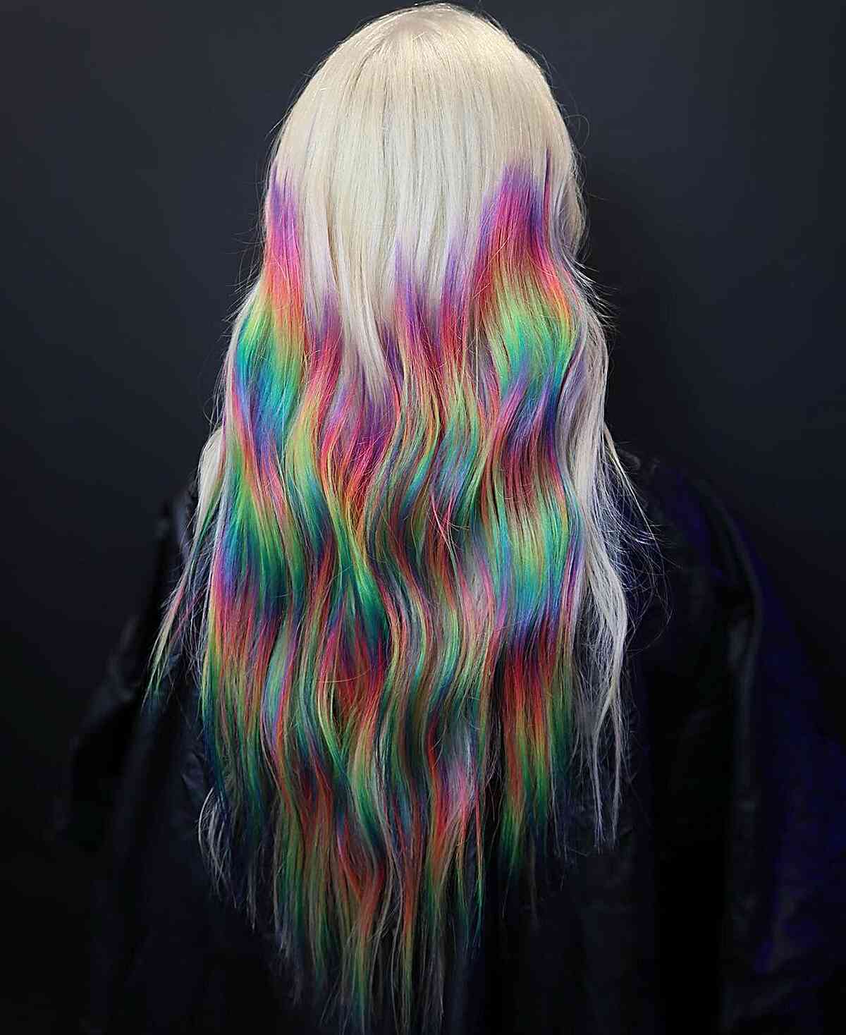 Neon Pops of Rainbow on White Hair for women with an vibrant, edgy style