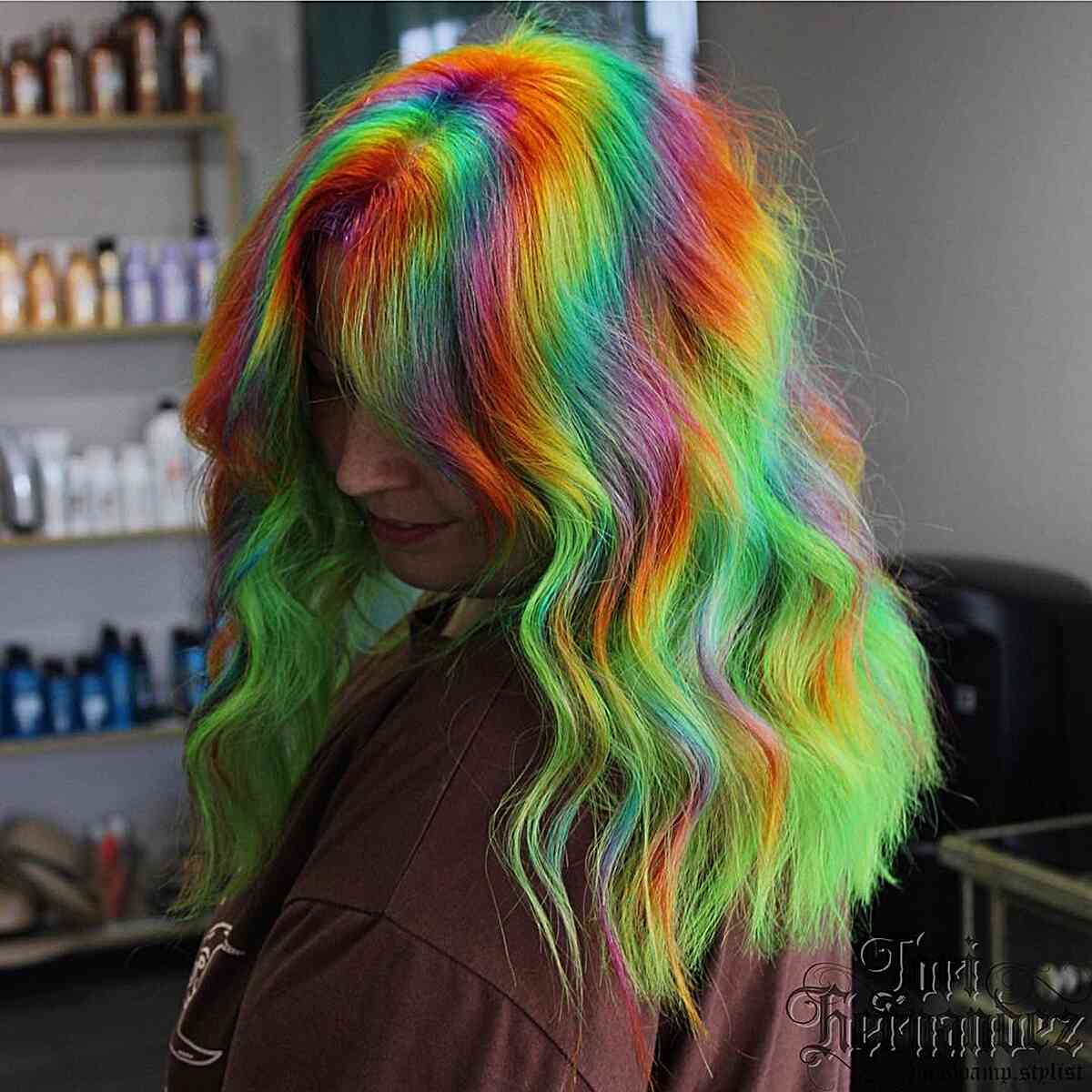 Neon Rainbow Holographic Mid-Length Hair with Curtain Bangs