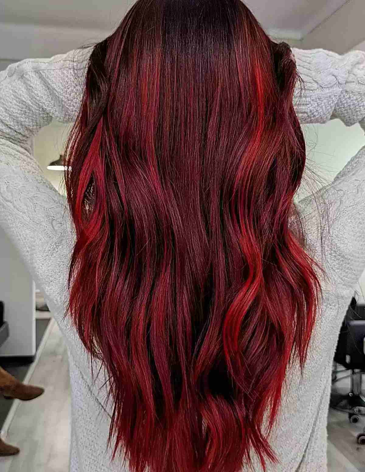 Neon Red Balayage Highlights with Dark Brown Roots for Very Long Hair