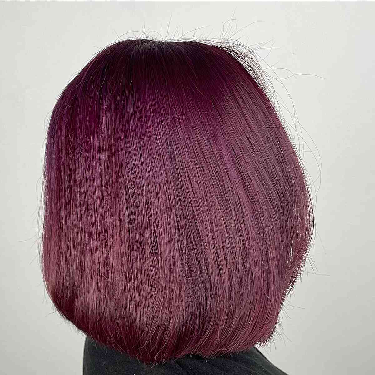 Neutral Burgundy Tones with Dark Roots on a Lob for Straight and Thick Hair