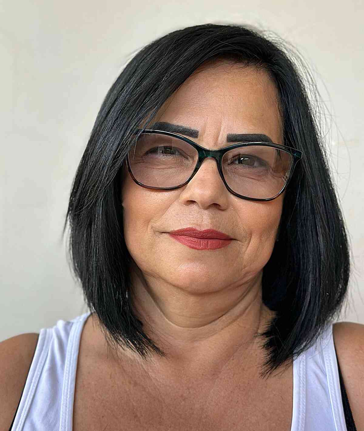 Nicely Shaped Bob Cut with No Bangs for women Over 50 with glasses 