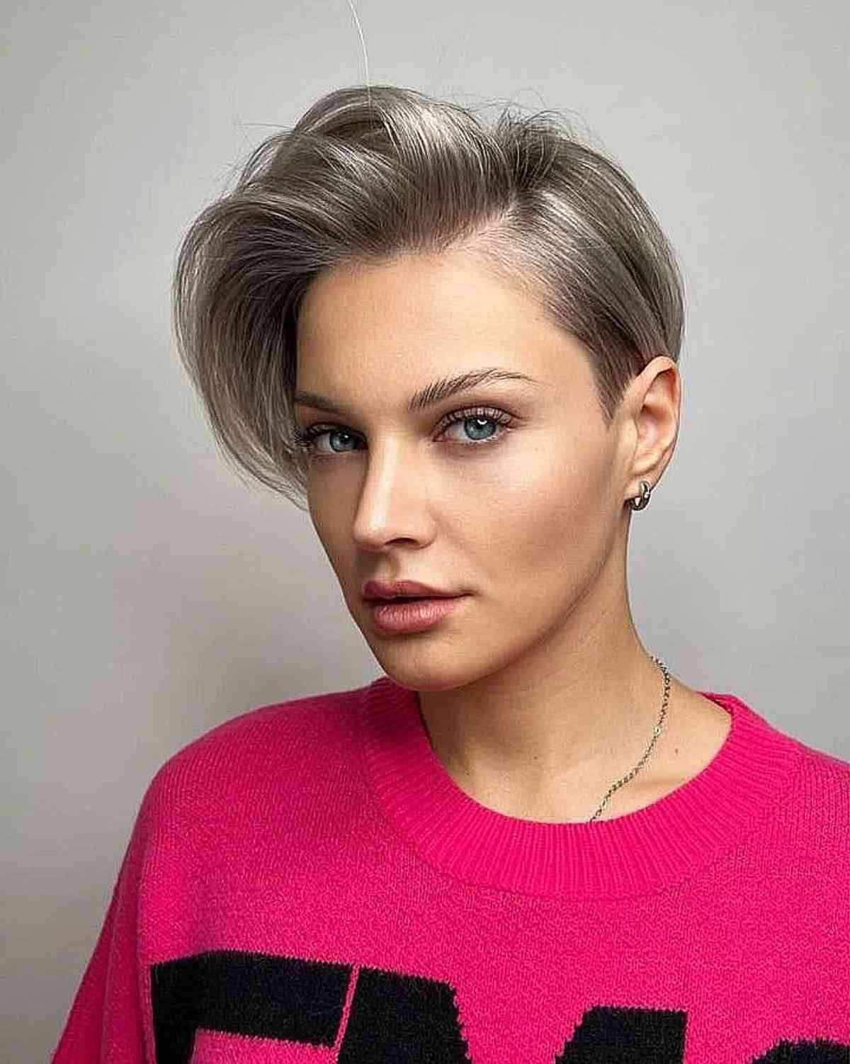 Sleek asymmetrical pixie cut with silver-gray color and longer top layers
